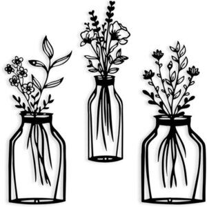 Metal Flower Wall Art Set Black Wire Hanging Decor for Kitchen Bedroom Living